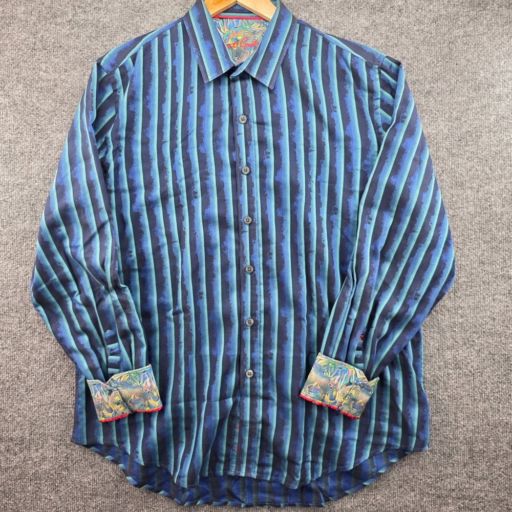 Robert Graham Mens Classic Fit Blue Teal Striped Long Sleeve Button Down Shirt L